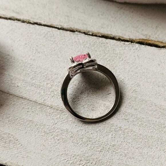 Sterling Silver Halo Pink Clear CZ Heart Ring 4 - Picture 5 of 5